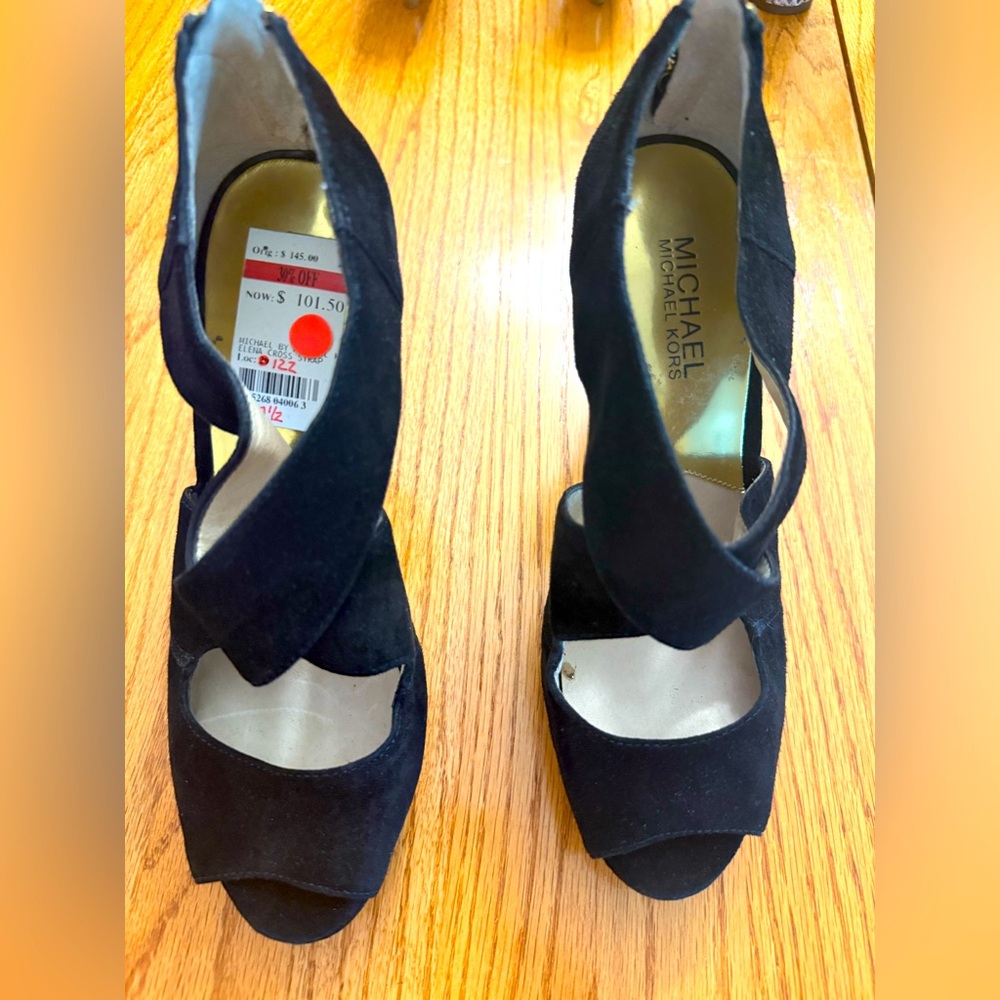 Michael Kors Women's Elena Sandal Size 7.5 Black Suede Platform Heels Peep Toe